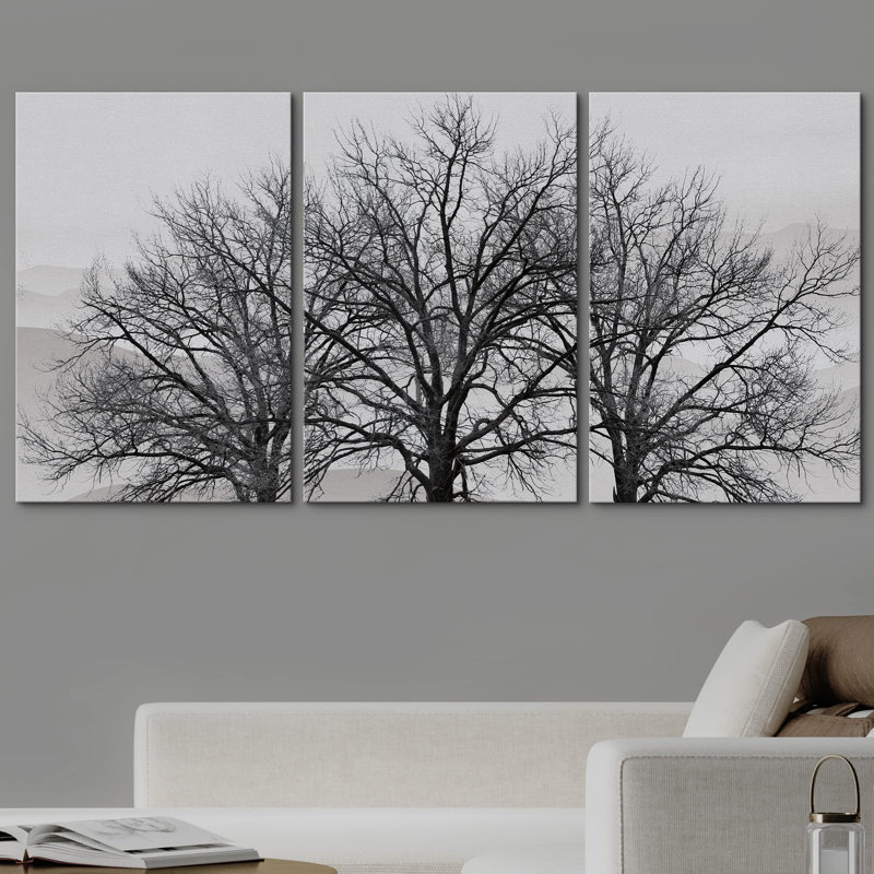 Abstrait arbre en hiver, paysage gris, photo moderne, paysage, décoration murale, Toile tendue, H 24 po x l 48 po