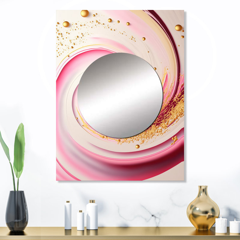 Jaxxson, cercles abstraits roses et dorés I - miroir spirales abstraites uniques, grand miroir mural rose, impression sur métal