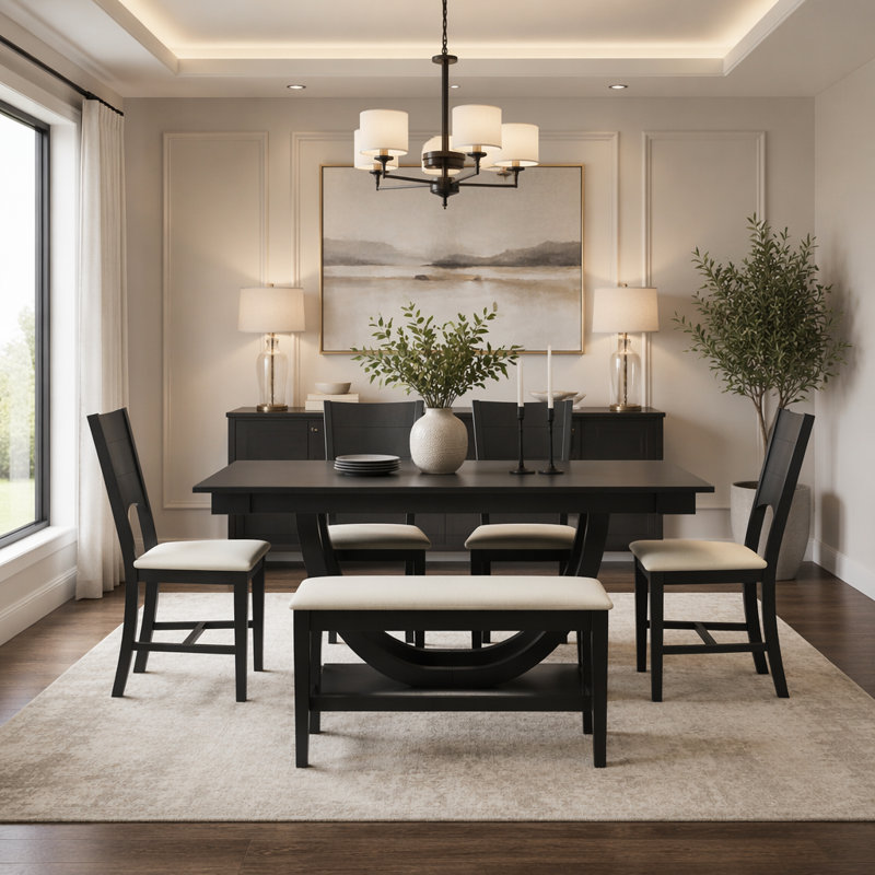 Ensemble de 6 tables de salle à manger en bois 6 pièces avec banc long et 4 chaises, style moderne, gris, Gris, Black, Black