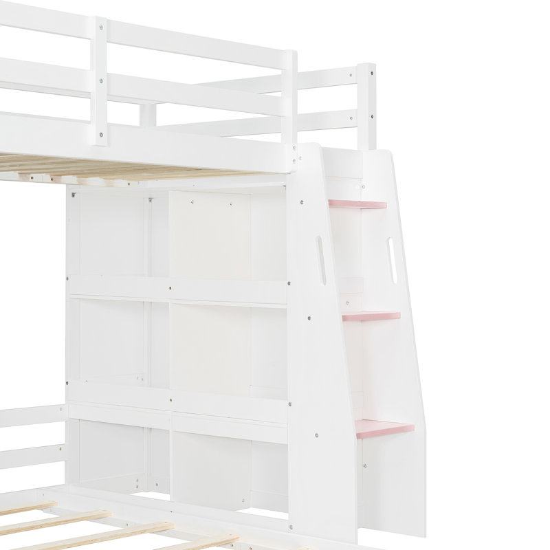 Structure de lit superposé en bois en forme de L avec fenêtre décorative, tablettes de rangement intégrées et escalier, Blanc