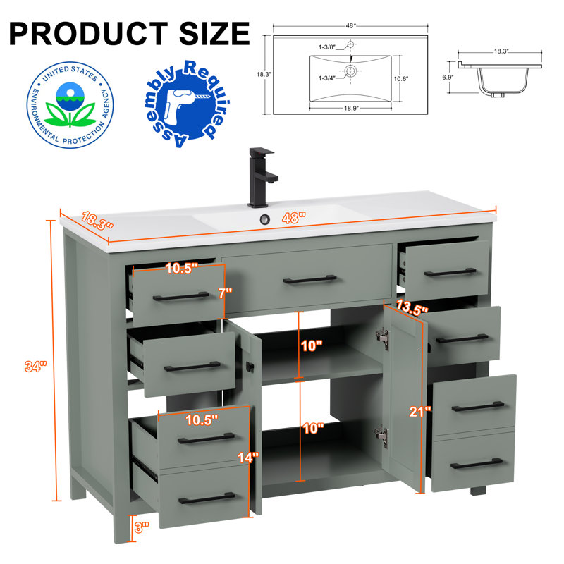 48" Single Bathroom Vanity With Sink Top And Facuet, Hand Painted, Epa Certificated