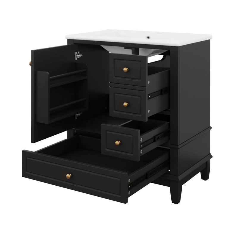 30" Bathroom Vanity With Ceramic Sink, Single Basin Vanity Set With One Door And Three Drawers, Solid Wood Storage Cabinet