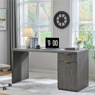 Modern Executive Desk With Power Outlet, Wood Home Office Desk With Drawer & Storage Cabinet