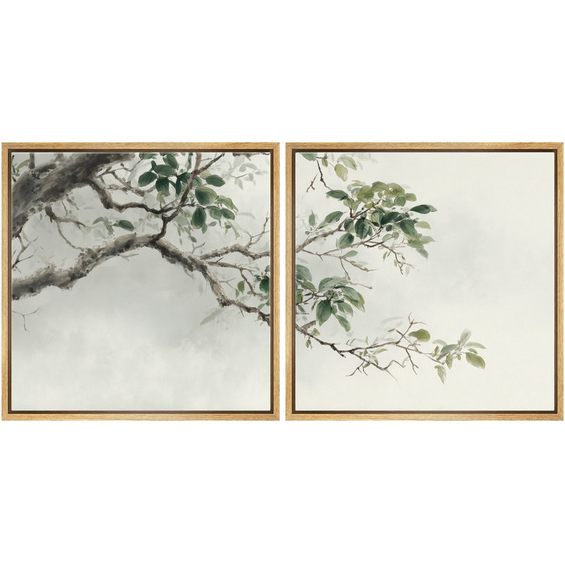 «Minimal Green Leaves Botanical Branch», ensemble de 2 reproductions d'art encadrées, H 24 po x l 24 po