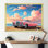 Voiture rose Cadillac rose au coucher du soleil III - voiture ancienne, art mural américain