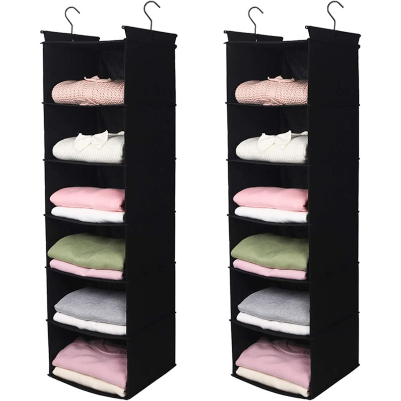 6 Tier Shelf Hanging Closet Organizer, Closet Hanging Shelf With 2 Sturdy Hooks For Storage,2 Pack, Foldable, Black