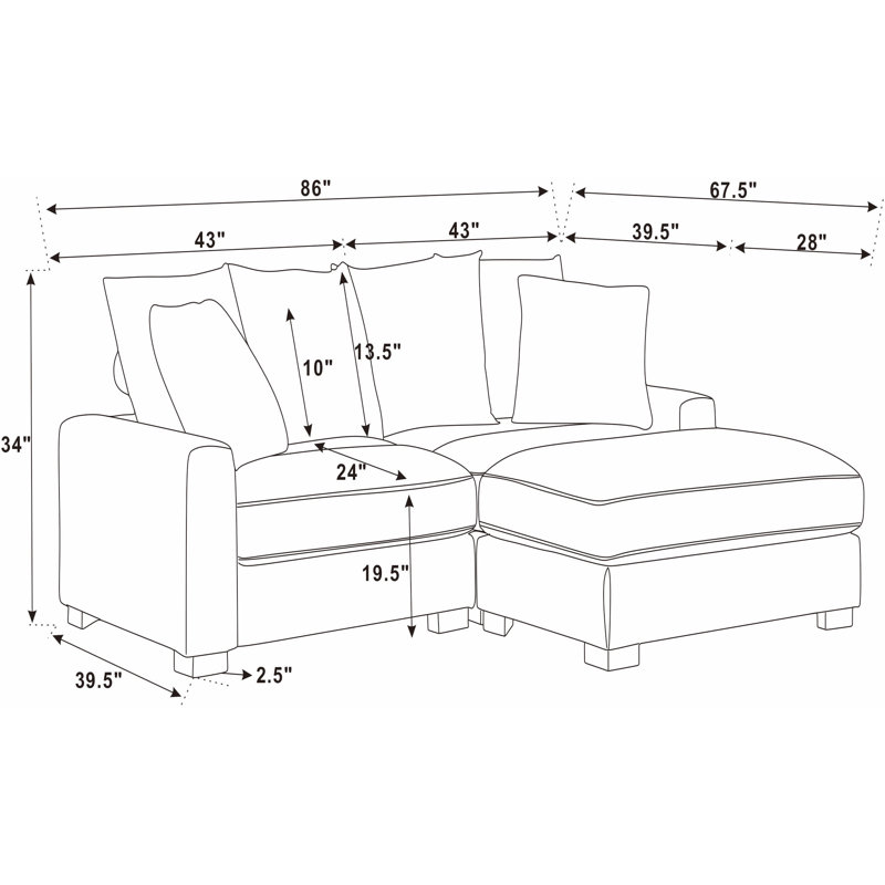 Xandar Corduroy Sofa, Pink, 3, 34" H x 86" W x 67.5" D