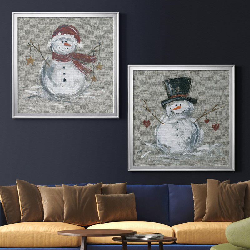 Lin bonhomme de neige I - ensemble de 2 reproductions d'art encadrées, H 22,5 po x l 45 po x P 1,5 po, Pas de tapis