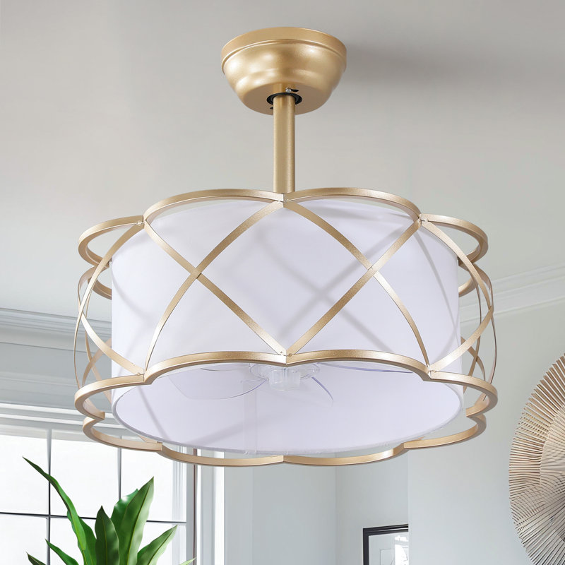 19" Modern Caged Ceiling Fan with Fabric Shades, Light Kit and Remote Control, Gold