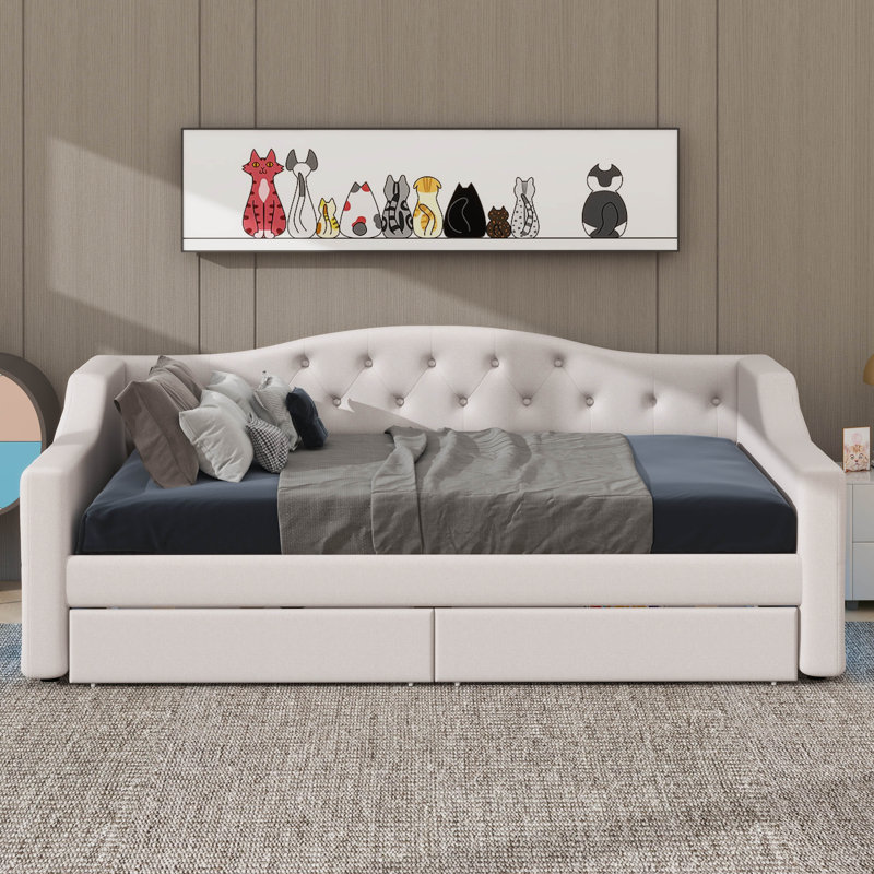 Twin XL Daybed With Upgraded LED Lighting And A Two-Drawer Storage Configuration, Beige
