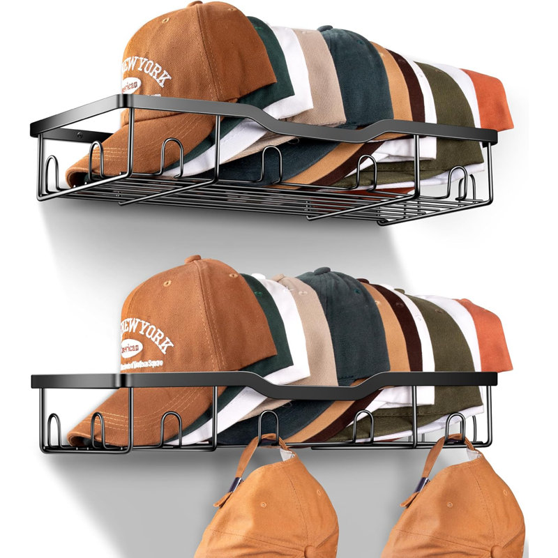 2 Packs Black Metal Wall Hat Rack with Multiple Hooks - Holds 40 Baseball Caps, Sturdy Drilled Rack for Door/Closet