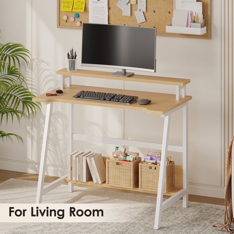 31.5" Computer Desk for Small Spaces, Modern Home Office Desk with Storage Shelf and Monitor Stand, Yellow/White