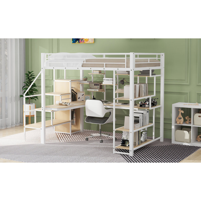Lit mezzanine double en métal avec rangement, bureau de couleur blanche avec garde-robe et look