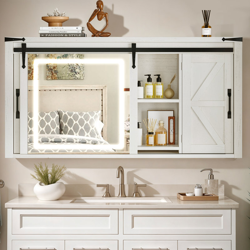 Sanfred 47.2'' W Wall Mounted Required Medicine Cabinet Mirror 2 Fixed with Lights & Barn Door, White