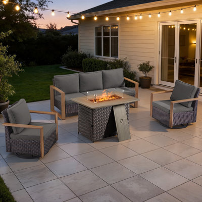 Drazen 5 - Person Patio Furniture Set With Fire Pit Table, All-Weather Wicker Outdoor Conversation Set With Chair And Thick Cushions