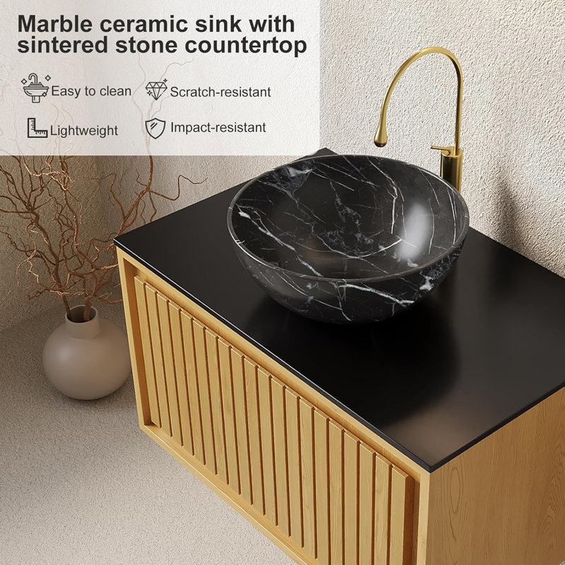 30"Floating Bathroom Vanity with Sink,Sintered Stone Countertop,Ceramic Marble Basin, Pre-Assembled, Oval
