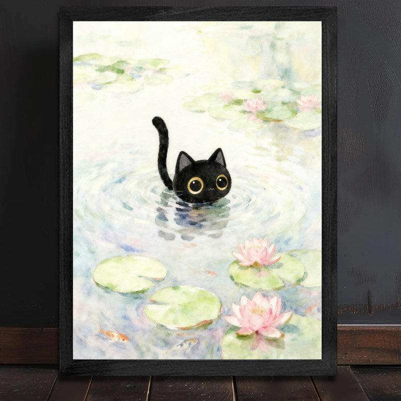 Reproduction d'art encadré noir de style rétro Monet nénuphar, H 17 po x l 13 po
