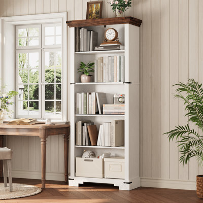 5-Tier Farmhouse Bookcase 61" H Tall, Wooden Bookshelf with one Adjustable Shelves