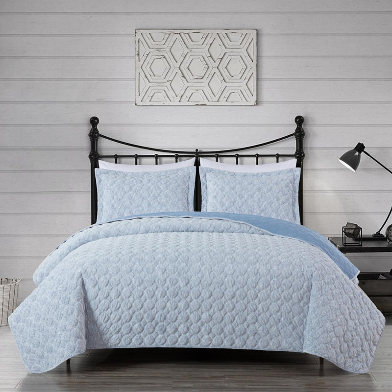Lightweight Soft Octagon Stitched Jacquard Velvet Quilt Set , Blue, Queen Quilt + 2 Standard Shams