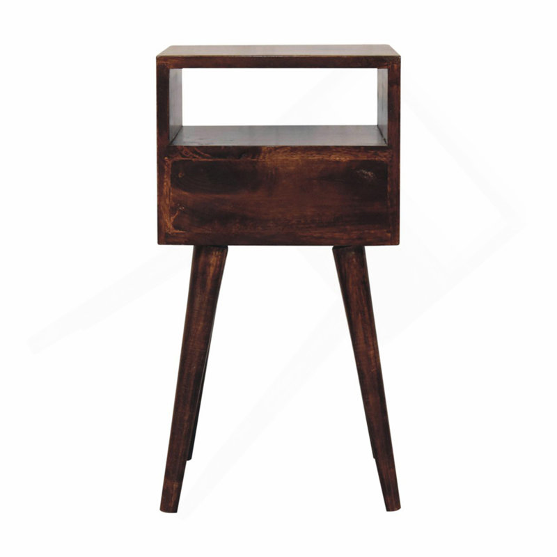 Solid Wood Mini Walnut Nightstand, 1-Drawer, 1 Open-Slot, Nordic Legs, Dark Brown