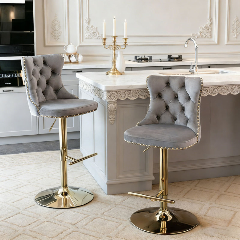 Swivel Velvet Barstools, Gray+Golden