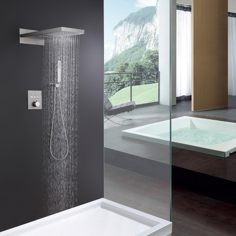  Système de douche thermostatique à haute pression, ensemble de robinet de douche mural en laiton avec pomme de douche pluie et cascade et douchette