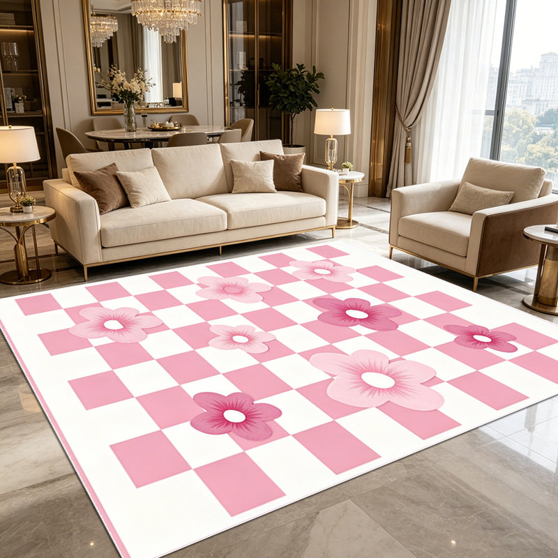 1PC Pink Checkerboard Floral area rugs for Living Room, Soft, All seasons, Easy-maintain, Washable Indoor mat, Farmhouse suitable for dining room, bedroom, kitchen, entryway, patio, Home Decor, Outdoor Decor.