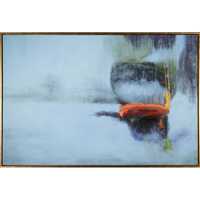Blue Abstract Print, 27" H x 41" W  x 2" D, Gold Framed, Gray