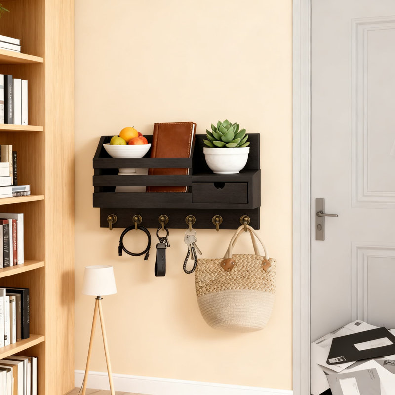 Wall Mount Key Holder With Mail Organizer And Storage Drawer, 6 Hooks Entryway Organizer For Keys, Mail And Small Items, Easy Installation Rustic Wood Design