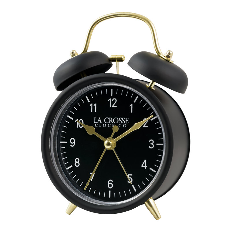 Black Twin Bell Quartz Analog Alarm Clock with Gold Accents