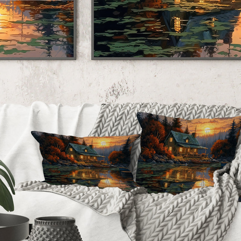 Coussin d'automne Sunset Cottage I - Landscape Cottage, H 16 po x l 16 po, Carré