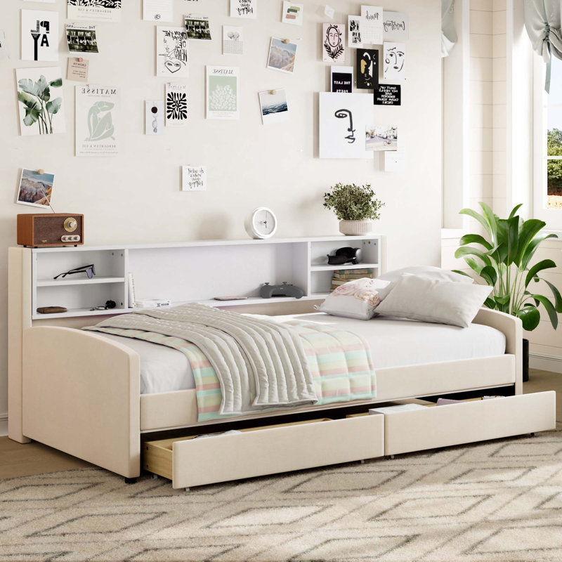 Upholstered Platform Bed with Storage, Beige