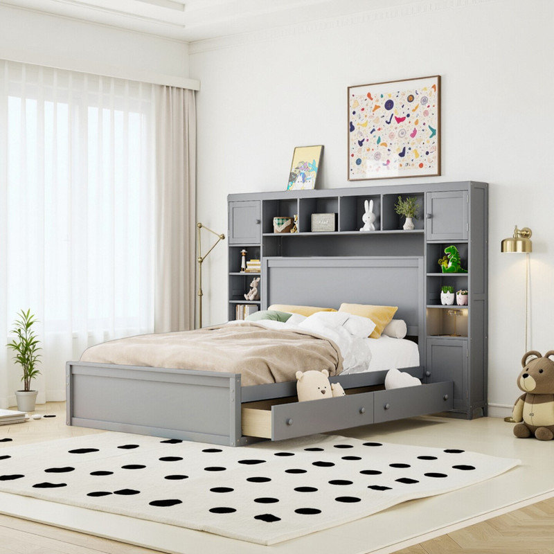 Grand lit de rangement avec tiroir et tablette, gris