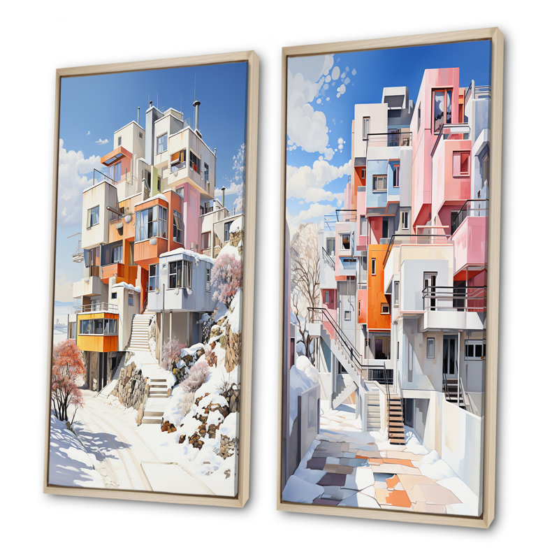 De Stijl, ville moderne en hiver - ensemble d'art mural sur toile neige, Encadrement brun, H 40 po x l 41 po