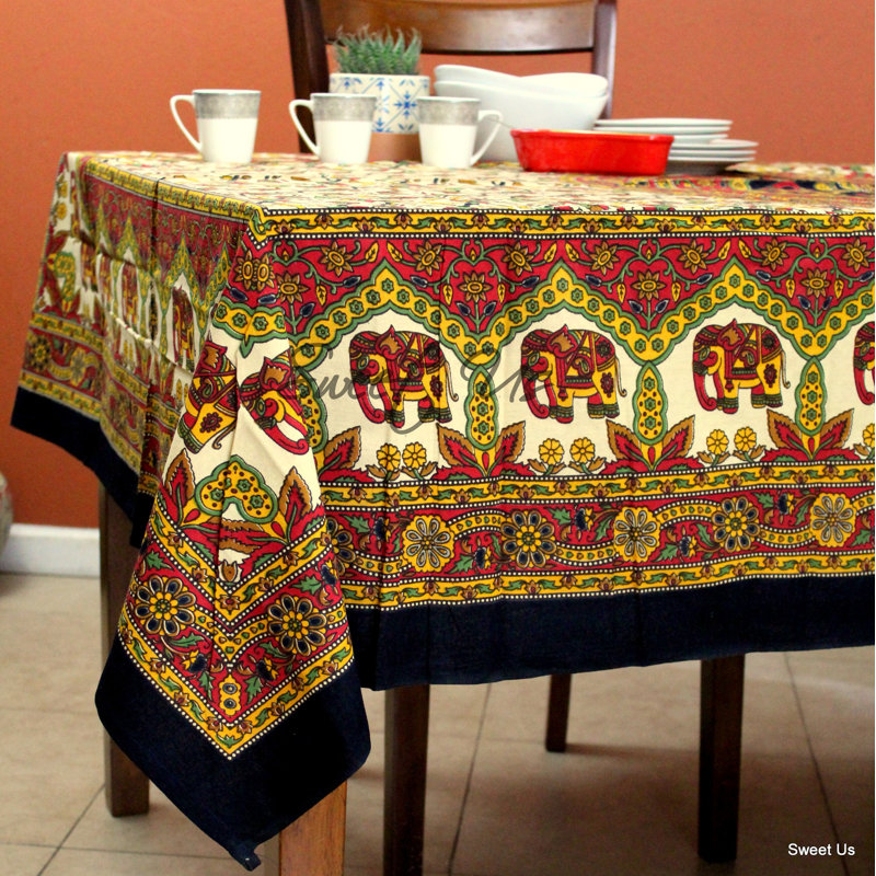 Cotton Elephant Floral Tablecloth Rectangle Blue Red Kitchen Dining Linen, Red/Black