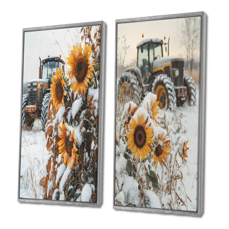 Tournesols et le tracteur enneigé I - Collection d'art mural 2 panneaux, H 28 po x l 25 po, Encadrement argenté