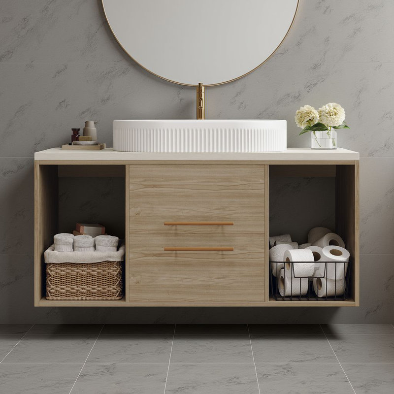 38" Wall-Mounted Vanity with Ceramic Sink - Space-Saving Floating Design?, Brown