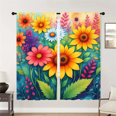 2Pcs rideaux à imprimé floral, rideau de décoration de ferme moderne à motif de fleurs colorées pour le salon chambre à coucher