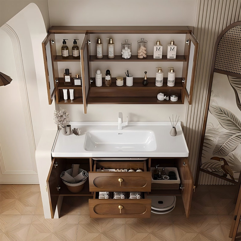 Meuble-lavabo autoportant 47,64 po en bois massif avec miroir, 47.64"