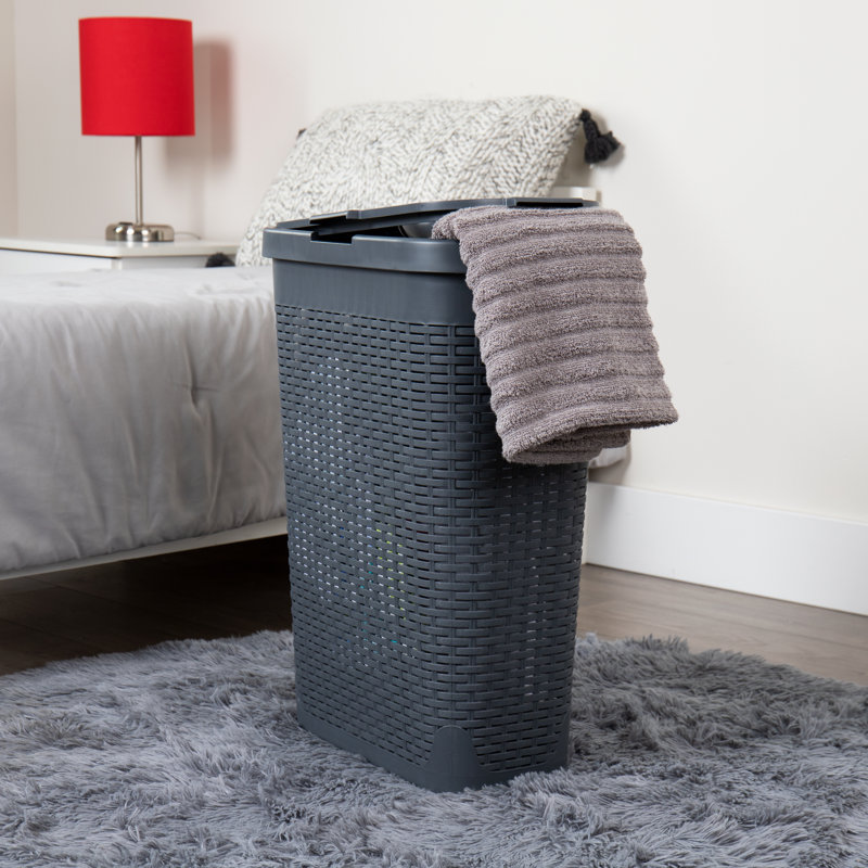 Slim Laundry Hamper, 40 Liter Capacity, Hinged Lid, 2 Pack, Brown, 18"D x 10.4"W x 23.5"H