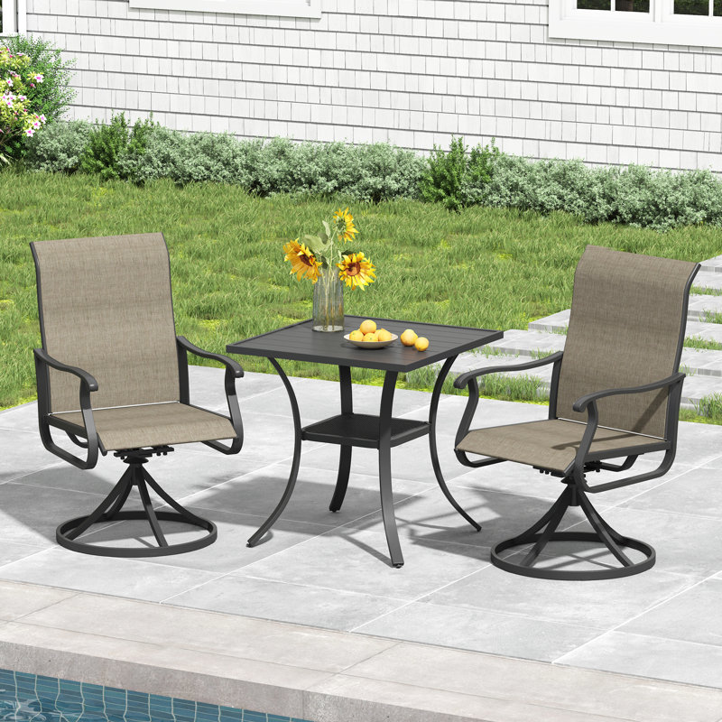 3-Piece Square Patio Dining Set With Swivel Chairs, Brown