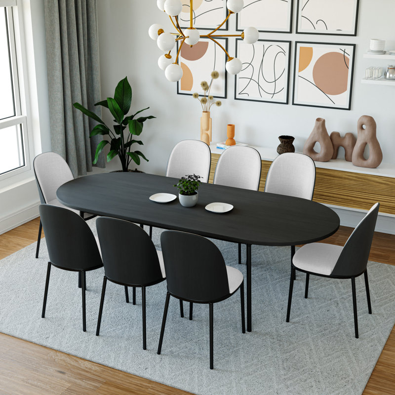 Ensemble de salle à manger Kelce avec 8 chaises d'appoint rembourrées et table de salle à manger ovale 83 po, Noir