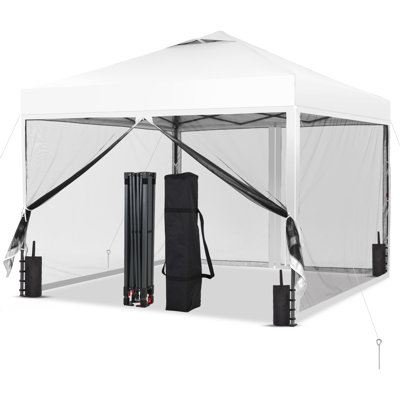 10x10 Pop Up Canopy Tent  with 4 Netting Sidewalls, Easy Up Canopy with 3 Adjustable Heightt, Outdoor Gazebo Canopy Tent with Sandbags and Carrying Bag for Camping, Parties,Outdoor Events-Pink