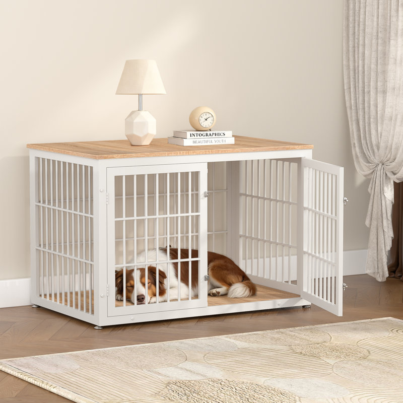 46 Inch Heavy Duty Dog Crate Furniture, Decorative Pet House End Table, Wooden Cage Kennel Furniture Indoor, White/Natural