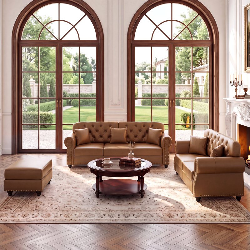 Ensemble de salon 3 pièces Mid-Century Chesterfield, Brun