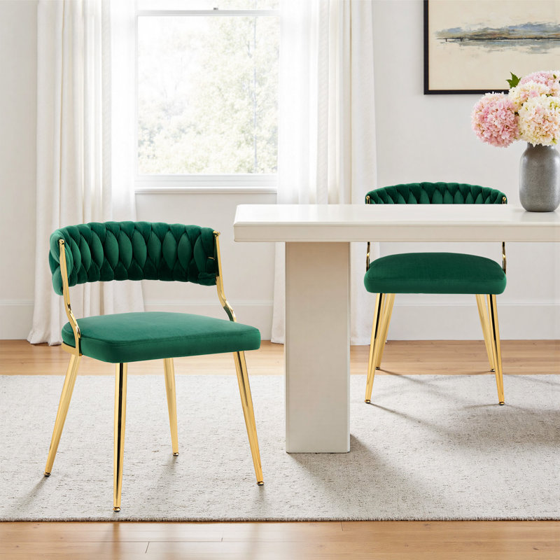 Christal 2 Piece Tufted Velvet Curved Weaved Back with Metal Legs Side Dining Chair Set, Dark Green