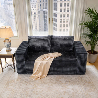 63.2" Black Corduroy Loveseat Sofa, Modern Memory Foam Couch with Plush Cushions, Comfy 2-Seater Sofa for Living Room, No Assembly