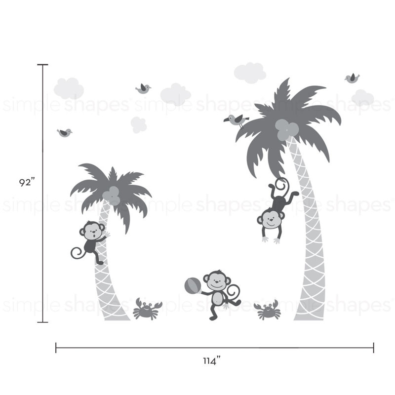 Décalcomanie murale 3 singes avec palmier tree, Vert