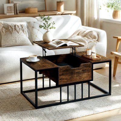 Table basse relevable de 100 cm avec rangement dissimulé et pieds en métal, brun rustique