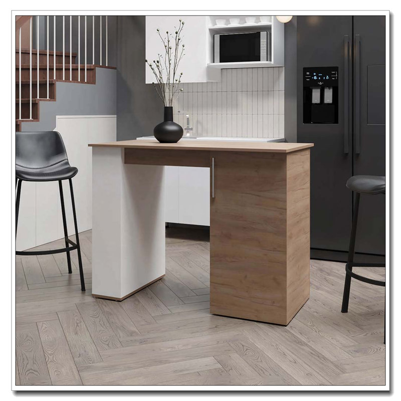 Îlot de cuisine blanc et chêne naturel avec 1 porte et rangement ouvert